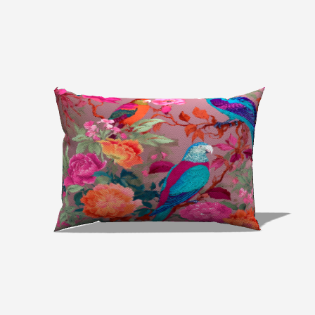 Colorful Aviary Bloom Lumbar Pillow featuring vibrant birds and flowers, perfect for adding a cheerful touch to any space.