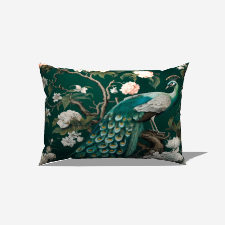 A decorative lumbar pillow featuring a vibrant peacock design surrounded by floral patterns.