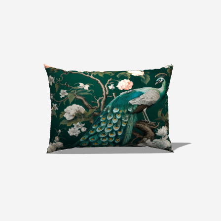 A beautiful lumbar pillow showcasing a peacock amidst floral designs, adding elegance to any space.