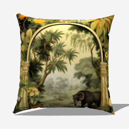 Lush tropical throw pillow featuring a playful elephant amidst a vibrant jungle scene, perfect for adding a touch of nature.